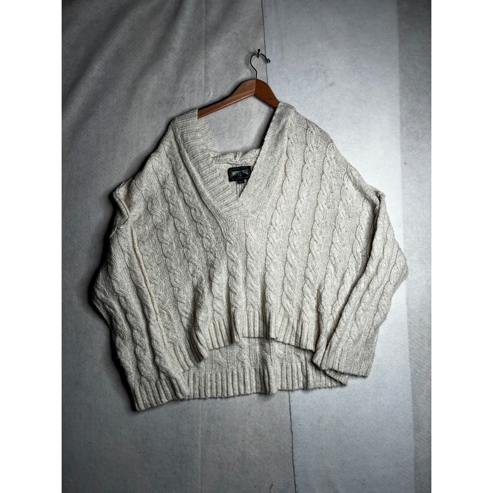American Eagle Womens XL Cream Cable Knit‎ Hooded V-Neck Sweater Oversized Boho